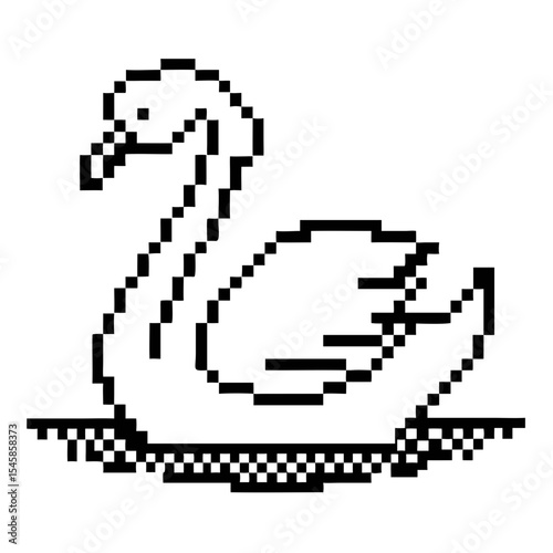 Pixel art outline of a swan swimming gracefully on a calm water surface