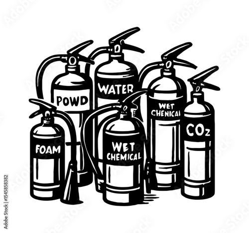 Set of Various Types of Fire Extinguishers with Labels Vector Illustration