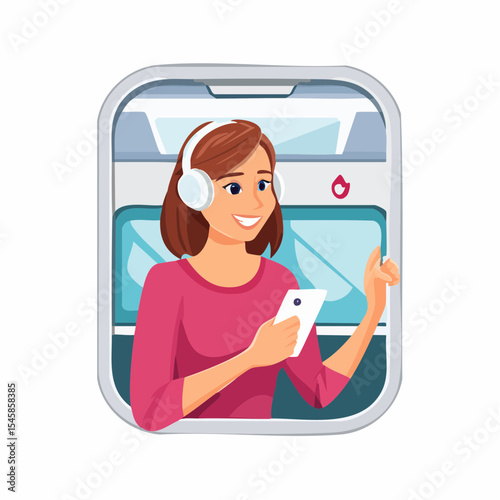 Young woman wearing wireless headphones using smart phone and traveling in train