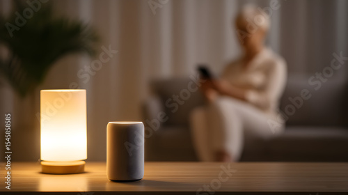 Smart Home Serenity: A soft, warm light radiates from a stylish lamp and smart speaker, illuminating the serene scene of a woman relaxing with a device.