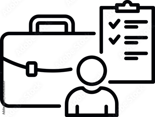 Outlined icon of a briefcase, checklist, and person symbol, representing employment, recruitment, or job offer in a clean, minimal black line style.

