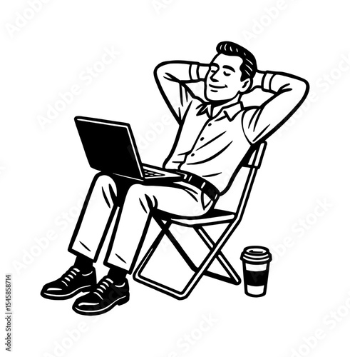Relaxed Man Working on Laptop in Chair with Coffee in Black and White Illustration
