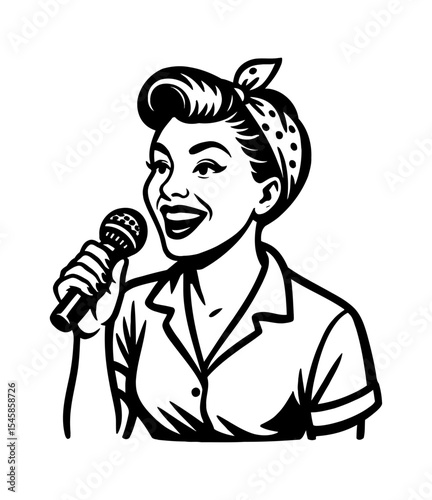 Pinup Woman Singing into Microphone with Head Scarf and Smiling Black and White Illustration