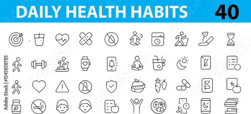 Daily Health Habit Line Icons, Water, Sleep, Workout, Meal, Steps, Meditation, Hygiene, Vitamins, stretching, hand washing, dental hygiene, skin care, heart rate