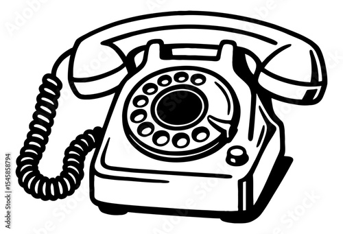Illustration of Black and White Rotary Telephone With Cord and Receiver