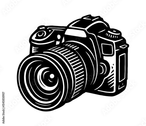 Black and White Vector Illustration of a Camera with Lens and Body Details