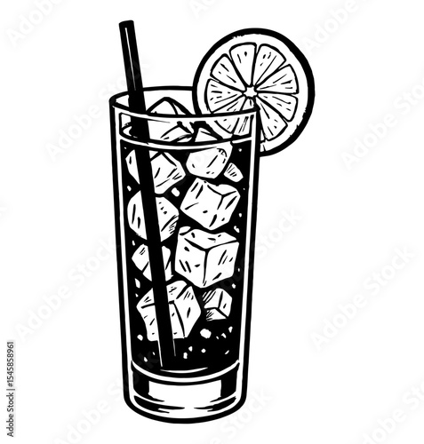 Illustration of refreshing summer drink with ice cubes, straw and orange slice