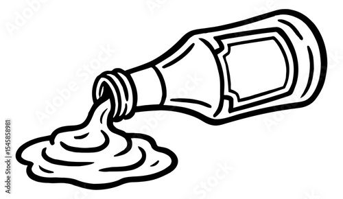 Drawing of a bottle pouring sauce, illustration of condiment bottle pouring sauce. Outline design.