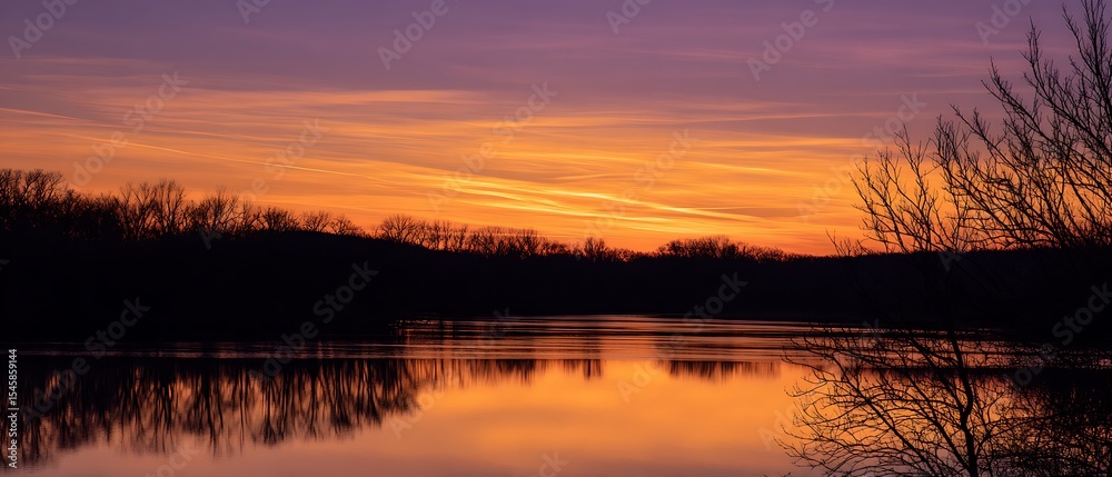 Obraz premium Serene sunset over calm lake with silhouetted trees