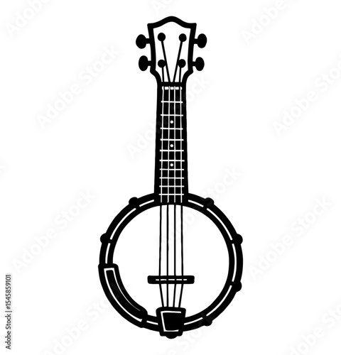Illustration of a Banjo Instrument with Detailed Line Art in Black and White