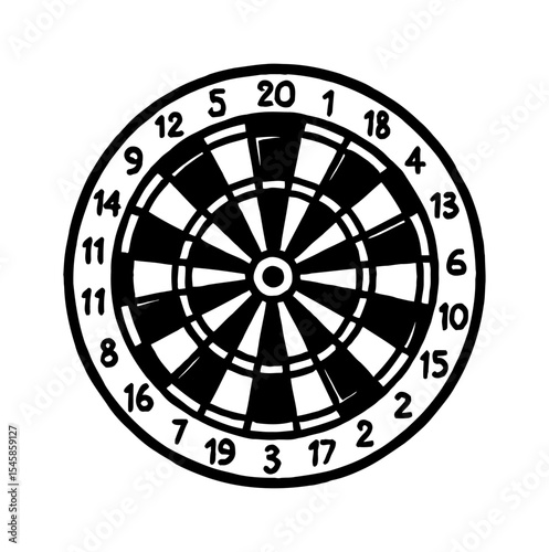 Dartboard with Numbers in Black and White Outline Vector Illustration
