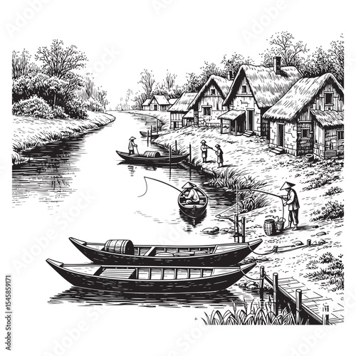 Black and White River Village Scene Fishing Boats Houses