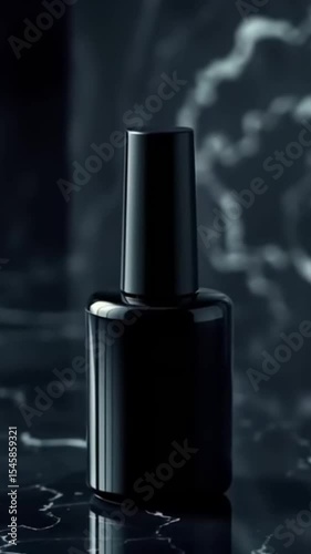 Elegant cosmetic product like black nail polish bottle isolated on elegant black background, perfect for presenting fashion cosmetics.