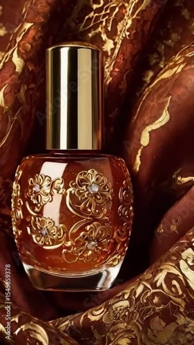 orange gold gel polish bottles with on a luxurious gold background demonstrates beauty care