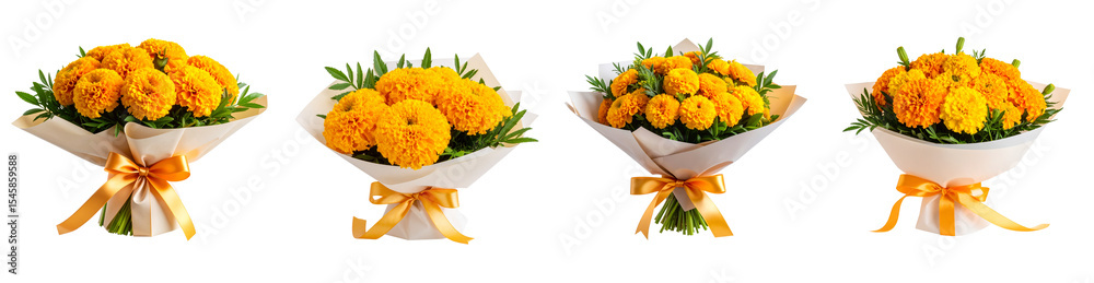 Obraz premium Side-angle shot of marigold bouquet wrapped in colorful pastel paper with ribbon, isolated on transparent background PNG