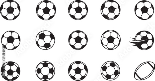 This graphic presents twenty variations of classic black and white soccer ball icons