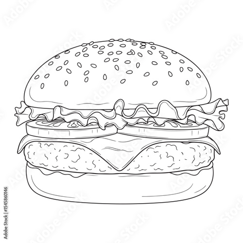 Line Art Drawing Sesame Seed Bun Burger Lettuce Tomato Cheese Patty