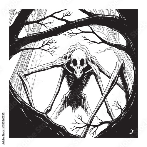 Monochrome Illustration Skeletal Creature Forest Trees