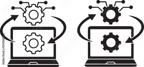 laptop, computer, digital, technology, gears, machinery, mechanical, illustration, black and white, line art, minimalist, vector