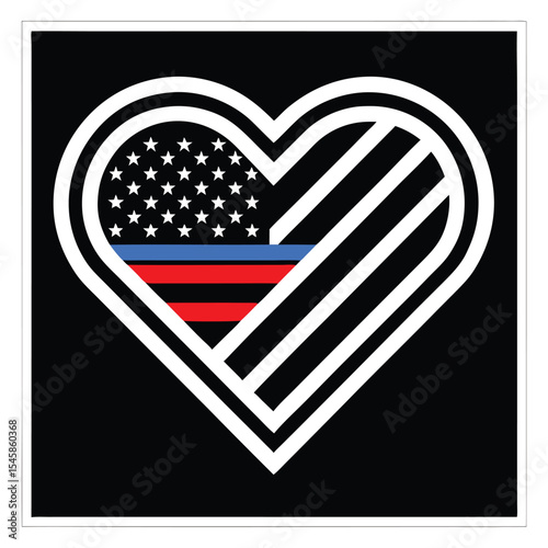 American Flag Heart Thin Blue Red Lines Law Enforcement Support Graphic Design stars
