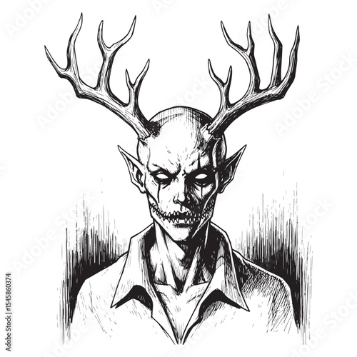 Monochrome Sketch of a Fanged Creature with Antlers Wearing a Collared Shirt