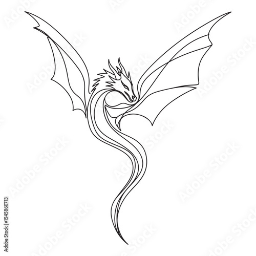 Single Line Dragon Drawing Black Wings Flying line art