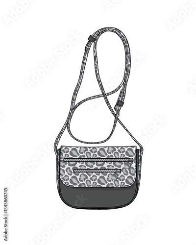 Animal print mini crossbody bags design technical flat sketch vector mockup template.