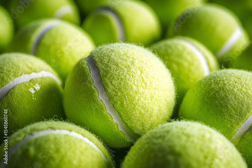 Bright yellow tennis balls, a single and a group of three, on a green grass court
