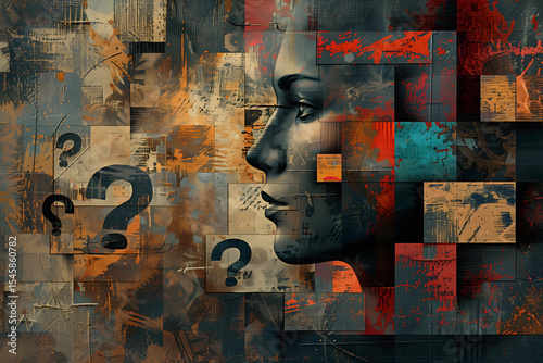 Overthinking, depression, anxiety – conceptual illustration symbolizing emotional overload, burnout, inner conflict and mental health struggle through a fragmented, modern human figure.
