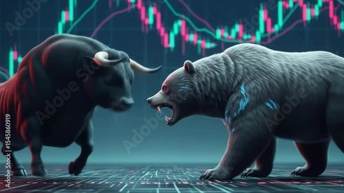 A bull and a bear face off against each other in front of a stock market chart, symbolizing market volatility