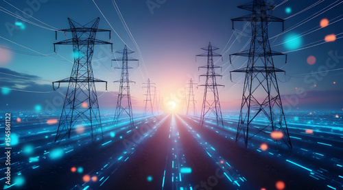 High voltage power lines at sunset futuristic energy concept