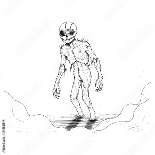 Stitched Monster Figure Standing in Dark Water Ink Drawing