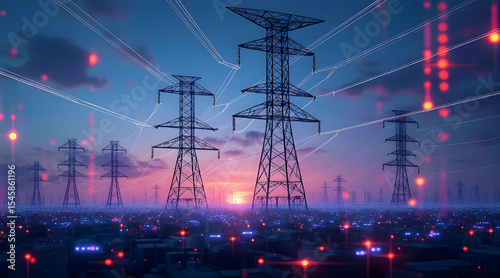 Electric power towers at sunset over cityscape
