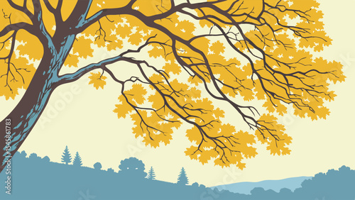 Vibrant autumn tree branches with golden leaves extending over a serene landscape, showcasing the beauty of nature and seasonal change in a colorful illustration