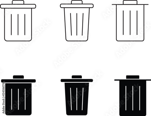 trash can, trashcan, rubbish bin, refuse container, waste disposal, black and white icons, simple minimalist design, line art, vector graphics