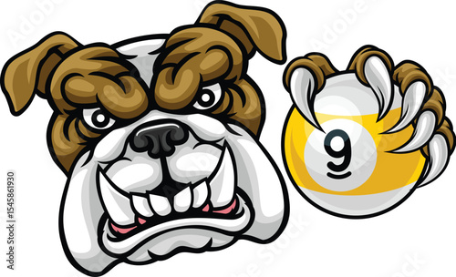 Bulldog nine ball pool sports mascot holding a 9 ball cartoon illustration