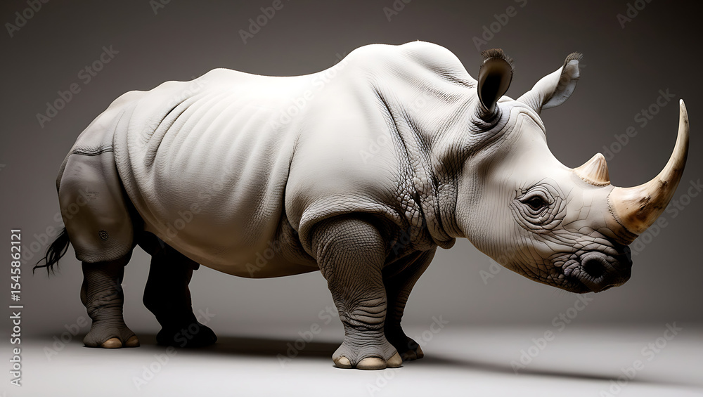 Fototapeta premium Close-up of a white rhinoceros head with detailed skin texture, isolated on plain white background