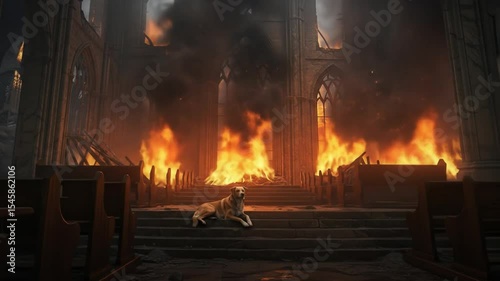 Dog resting in burning church ruins