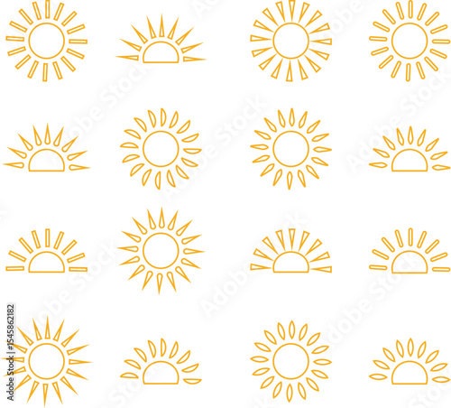 Sun icon set, sunshine and solar glow sunrise or sunset. Decorative circle full and half sun and sunlight. Hot solar energy for tan. Vector sun light sign collection isolated on transparent background