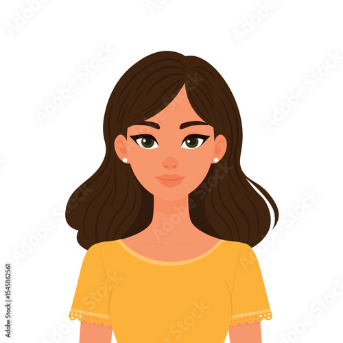 Smiling Woman Character in Yellow Top with Brown Hair and Green Eyes