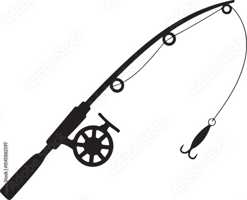 Classic Fishing Rod with Reel and Lure Silhouette Vector 