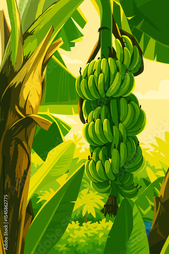 This vibrant illustration depicts a close-up view of a banana tree in a lush tropical environment. A large bunch of unripe green bananas hangs prominently from the central stalk of the tree. The banan