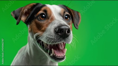 A cheerful dog with a happy expression smiles at the camera, set against a vibrant green background. Its eyes sparkle with joy and eagerness.