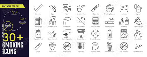 Smoking Stroke icon collections. Containing Smoking, Cigarette, E-Cigarette, Ashtray, Vape, Smoke Cloud, Smoke Alarm, and Cigar Cutter icons. Editable Stroke icon collection Outline icon