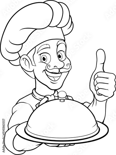 A chef or baker cartoon cook peeking around a sign or menu with copyspace. Giving a thumbs up and holding a platter plate or tray with cloche, mascot character illustration