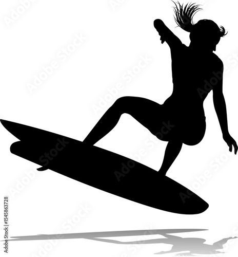 Surfer surfboard boarding female surfer surfing silhouette outline. Woman surf pose design concept.