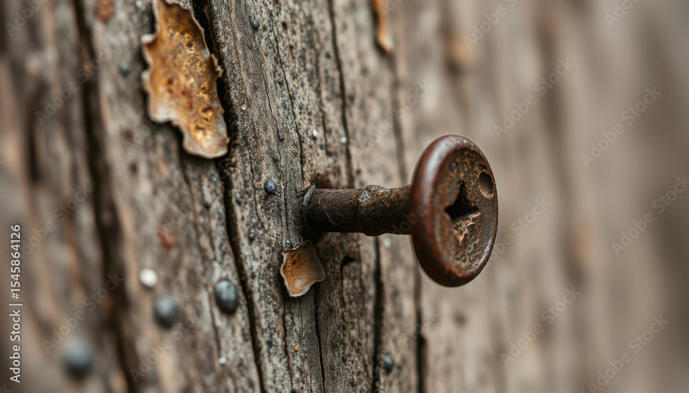 Close-Up of a Rusted Metal Screw Head Embedded in Old Weathered Wood Close-Up of a Rusted Metal Screw Head Embedded in Old Weathered Wood