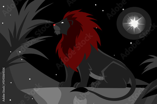 Powerful Black Lion with Vibrant Red Mane in Dark Jungle Scene