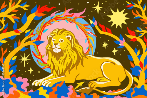 Artistic Lion Illustration with Red Mane and Cosmic Background