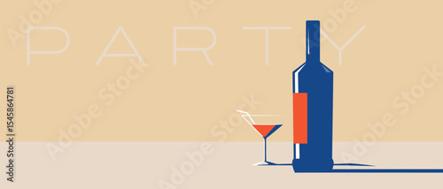 Party poster, bottle of alcohol and glass with cocktail, margarita, mertini. Restaurant banner, celebration holiday, recreation, alcohol store sign, kitchen decor, drinks, sommelier